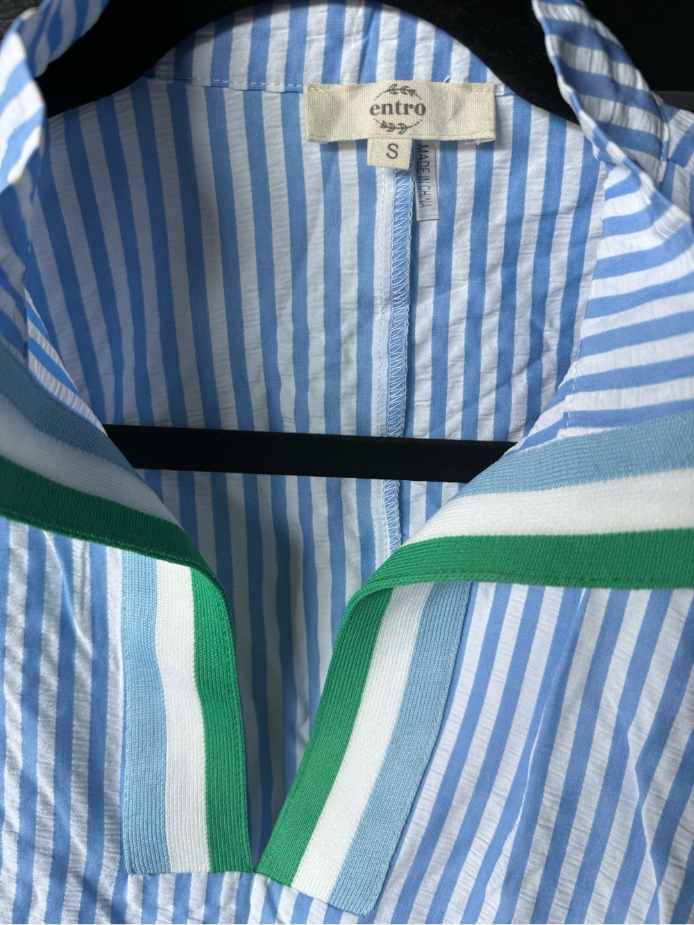 entro Blue and White Striped Button-Down Top with Green Trim - Picture 7 of 7